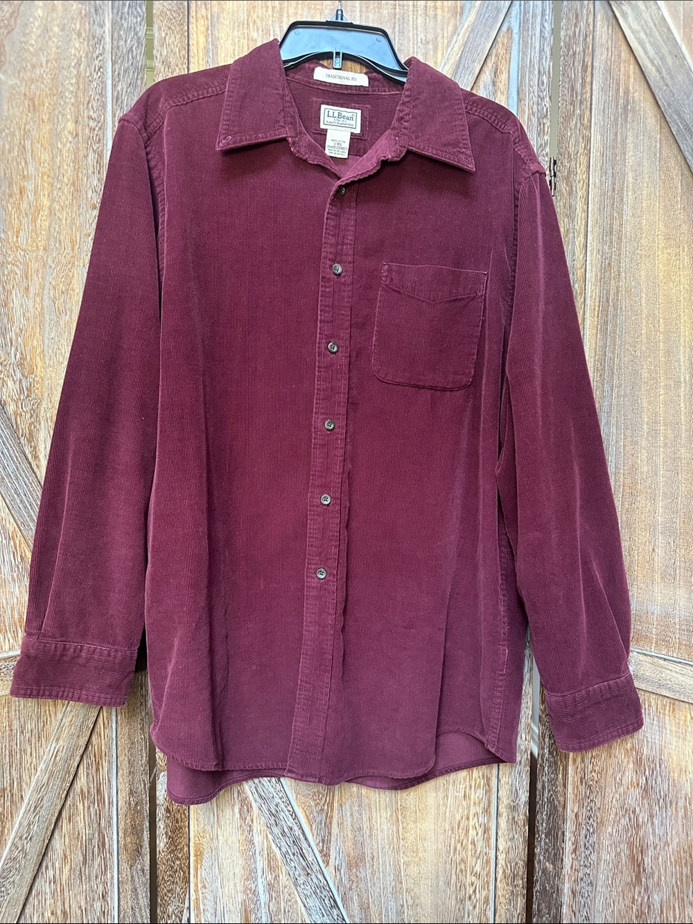 L.L. Bean Men’s Corduroy Button-Down Shirt - Burgundy Wine Traditional Fit Large